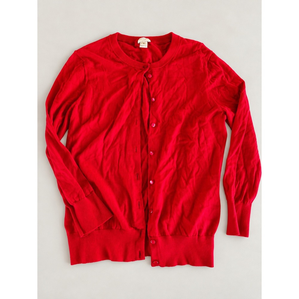J.Crew The Clare Cardigan Women M Red Cotton Button Front Knit Preppy Classic